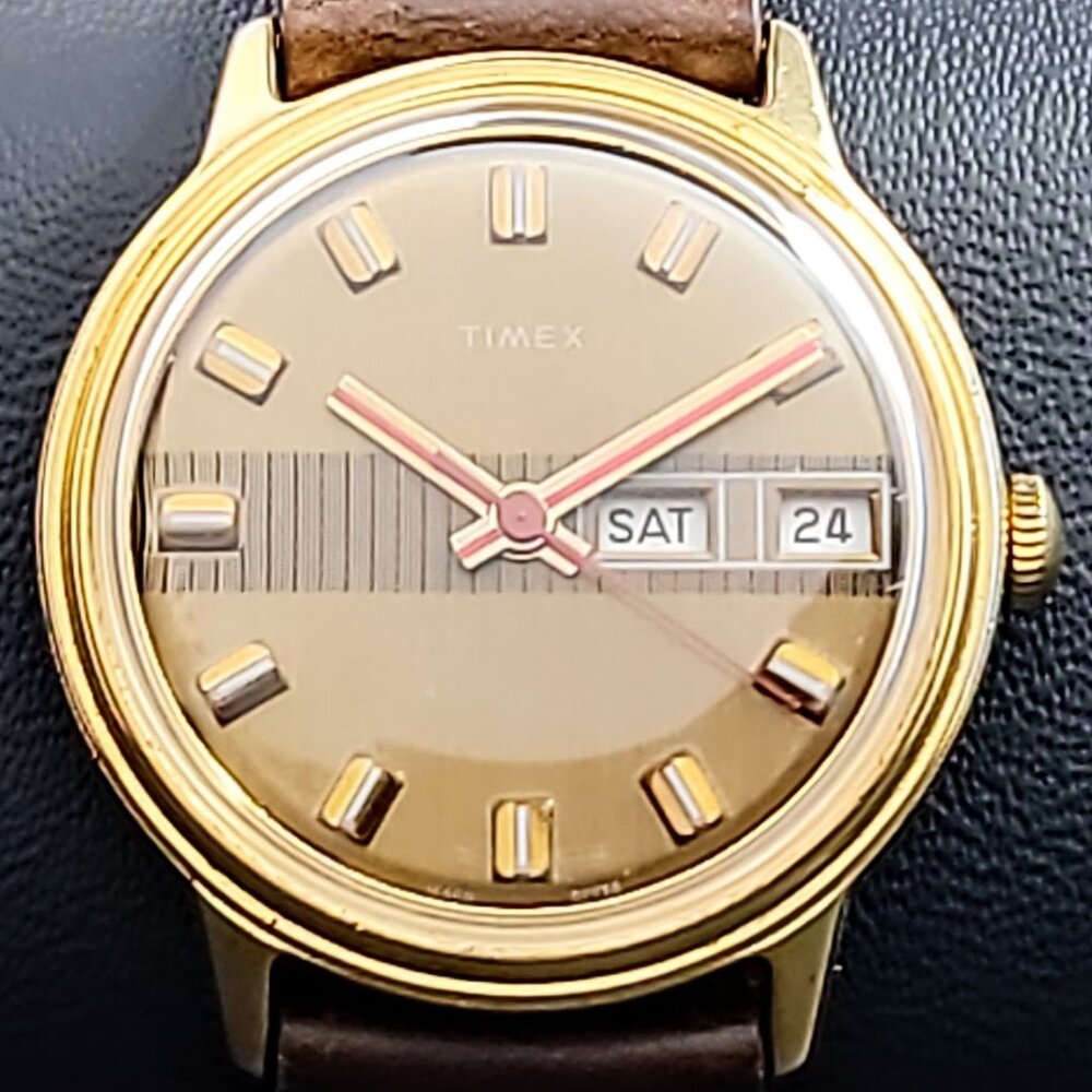 Vintage Men's Timex Day-Date Gold-Tone Watch | Mechanical New Leather